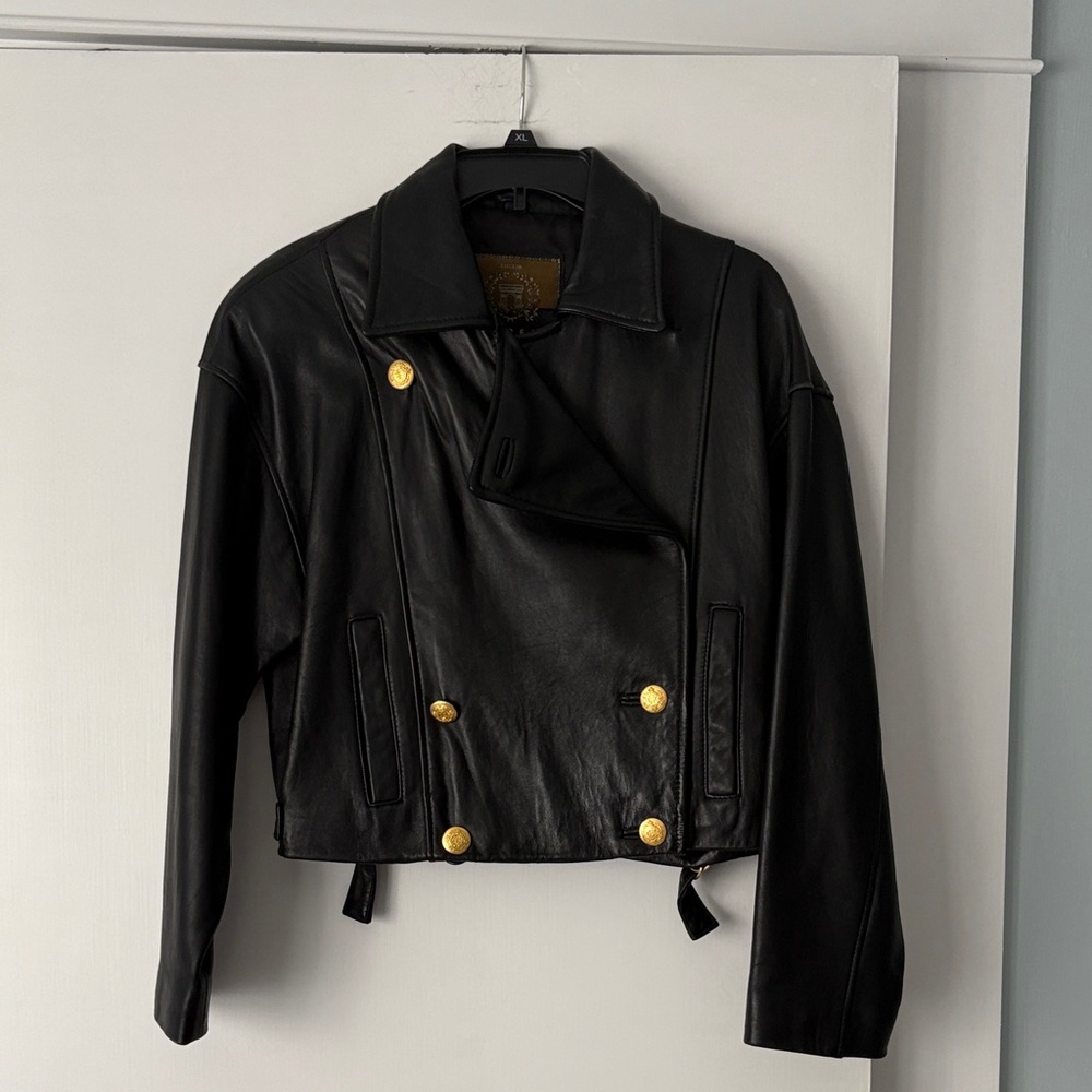 Express Black Leather Jacket with Gold Accents